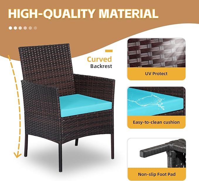 Patio Furniture Set 3 Pieces All-Weather Rattan Outdoor Furniture Patio Chairs with Tempered Glass Table for Porch Bistro Balcony Bistro Set(Brown/Blue)