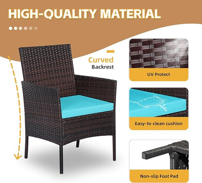 Patio Furniture Set 3 Pieces All-Weather Rattan Outdoor Furniture Patio Chairs with Tempered Glass Table for Porch Bistro Balcony Bistro Set(Brown/Blue)