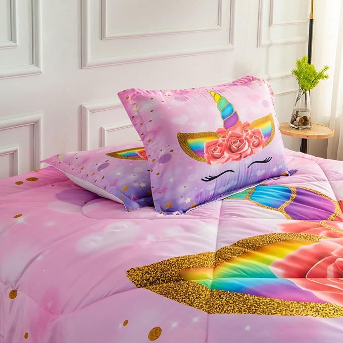 Unicorn Twin Bedding Sets for Girls Kids Comforter Set Twin Size with 2 Pillowcases Purple Unicorn Room Decor for Girls Bedroom Ultra Soft Machine Washable Toddler Bed Set