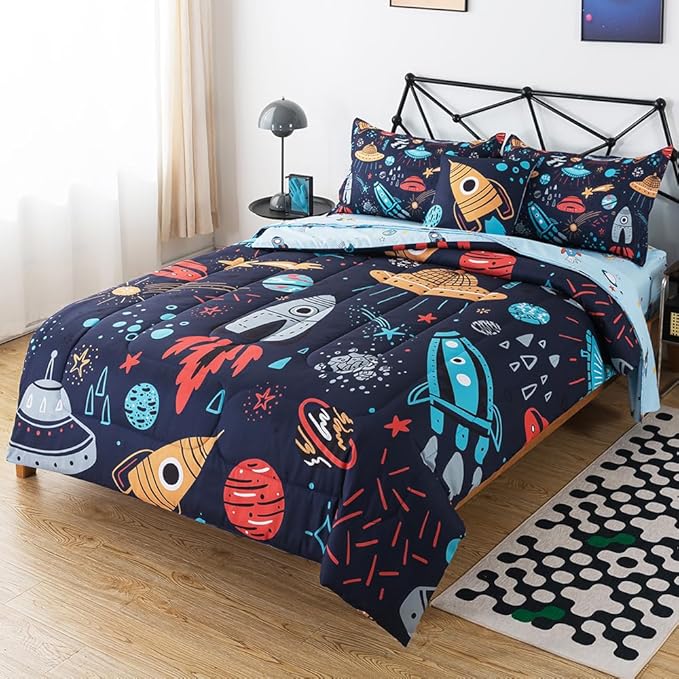 ADASMILE A & S Kids Space Comforter Set 6 Pieces Space Bedding Twin Size for Boys Space Ship Rocket Bedding Galaxy Bed in a Bag Comforter Twin Outer Space Bed Set with Blue Space Sheets Home Decor