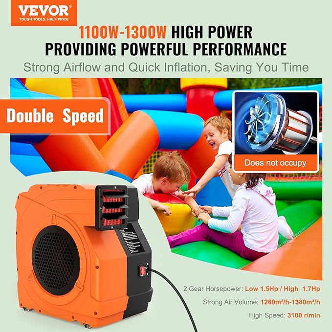 VEVOR Inflatable Blower, 1100W, 1.5 & 1.7 HP Bounce House Blower, Pump Commercial Air Blower for Inflatables, 3100 RPM Bouncy Castle Electric Fan for Bounce House, Waterslides