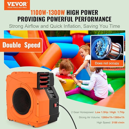 VEVOR Inflatable Blower, 1100W, 1.5 & 1.7 HP Bounce House Blower, Pump Commercial Air Blower for Inflatables, 3100 RPM Bouncy Castle Electric Fan for Bounce House, Waterslides