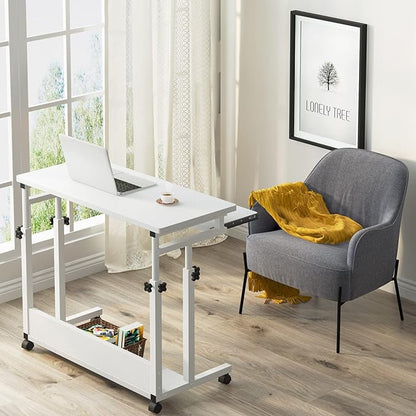 Tribesigns Portable Desk for Sofa and Bed, Height Adjustable Mobile Laptop Table Small Standing Desk Rolling Computer Cart with Keyboard Tray on Wheels for Home Office (White)