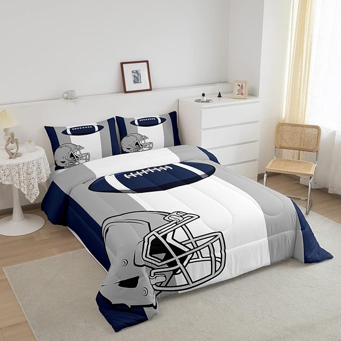 Feelyou Kids Football Comforter Set King Size Rugby Sports Bedding Set for Boys Teens Decor Soccer Ball Game Comforter American Football Grey Blue Duvet Set Quilt 3Pcs Boys