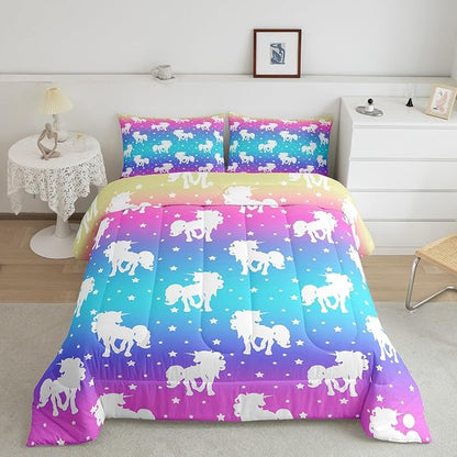 3 Piece Unicorn and Stars Bedding Set Queen Size,Tie Dye Pastel Comforter Sets Rainbow Printed Duvet Sets for Kids Girls Teens,Girly Sweet Colorful Down Comforter Bedroom Decor with 2 Pillow Cases