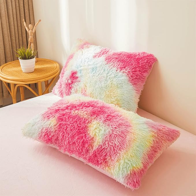 FOPPA Rainbow Plush Comforter Cover Set, 3 Pieces (Queen, Tie-Dye), Ultra Soft Faux Fur Bedding