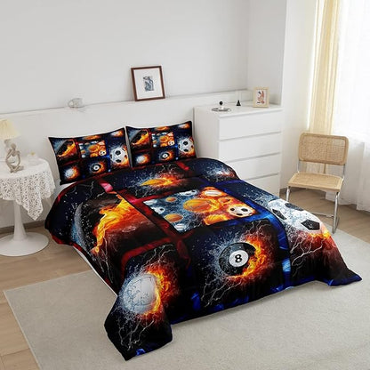 Sports Comforter Sets For Boys Twin,Teen Basketball Baseball Football Bedding Comforter Set For Men Volleyball Soccer Hockey Quilt Comforter,Red Blue Water And Fire Lightning Bed Duvet 1 Pillow Case