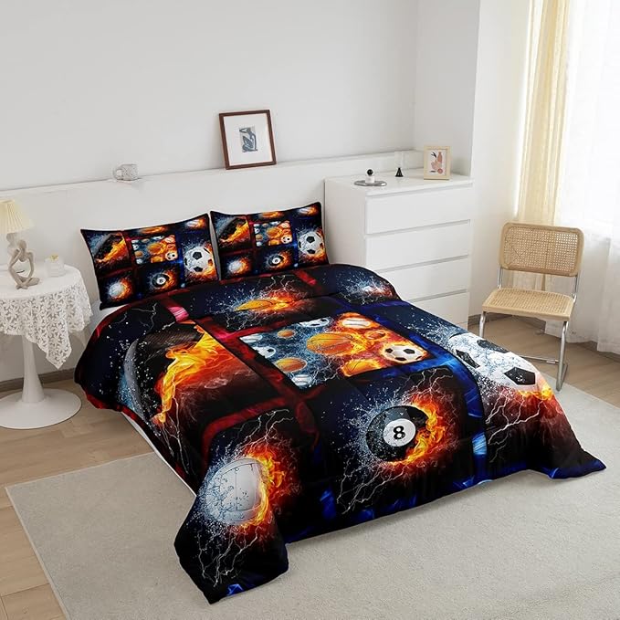 Sports Comforter Sets For Boys King,Teen Basketball Baseball Football Bedding Comforter Set For Men Volleyball Soccer Hockey Quilt Comforter,Red Blue Water And Fire Lightning Bed Duvet 2 Pillow Cases