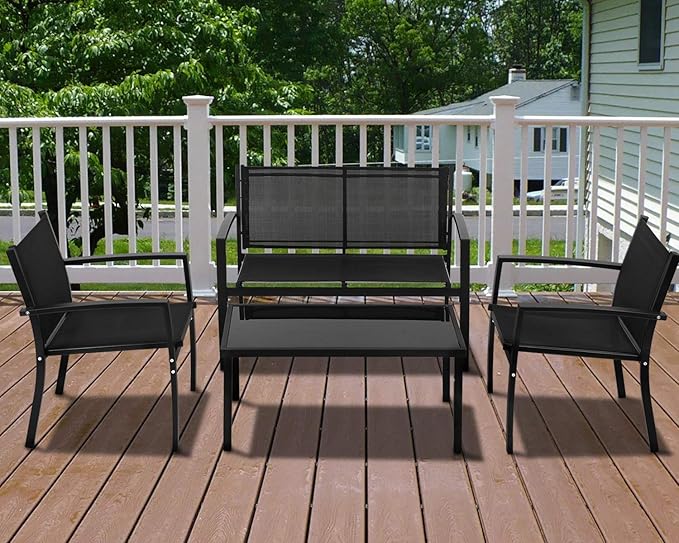 FDW 4 Piece Patio Conversation Sets with Metal Patio Furniture Tempered Glass Tabletop Waterproof Textilene for Outside Backyard Lawn Balcony