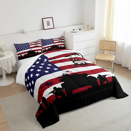 Feelyou American Flag Comforter Set for Girls Kids Boys Men Soldier Rifle Helicopter Tank Bedding Set Red Blue Stars Stripes USA Flag Comforter Room Decor Army Guns Military Down Comforter Queen Size
