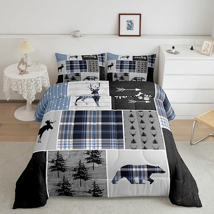 Rustic Adventure Kids Comforter Set King Size,Deer Bear Pine Trees Xmas Bedding Set for Boys Girls Adults Room Decor,Plaids Arrows Wooden Patchwork Down Comforter,Blue Duvet Insert,2 Pillowcases