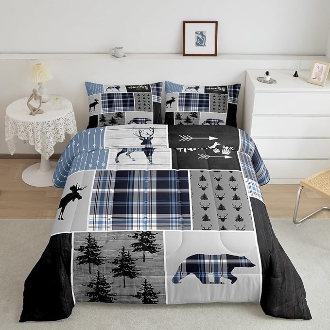 Rustic Adventure Kids Comforter Set Twin Size,Deer Bear Pine Trees Xmas Bedding Set for Boys Girls Adults Room Decor,Plaids Arrows Wooden Patchwork Down Comforter,Blue Duvet Insert,1 Pillowcase