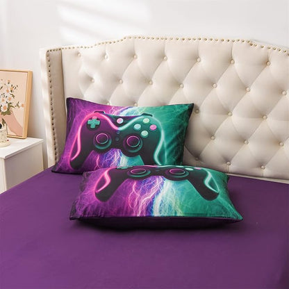 Meeting Story Gamer Gaming Bedding Sets Black Pink Lightnings Gamepad Comforter Set for Boys Games Console Action Buttons Novelty Colorful Modern Room Decor Home Quilt Set (Green-Purple, Twin 5Pcs)