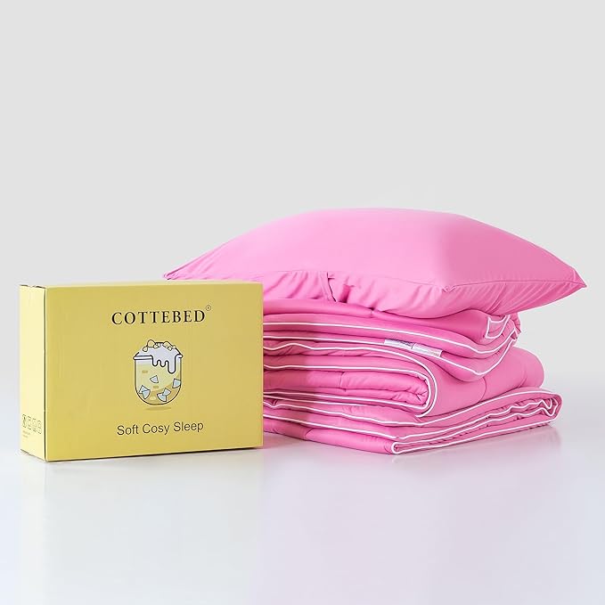 COTTEBED Rose Pink Comforter Queen Size, Jersey Knit T-Shirt Feel Ultra-Soft Cute Cozy Durable Lightweight Bedding Blanket Down Conforter Set and Pillowcase for Women Girl All Season Use Full/Queen