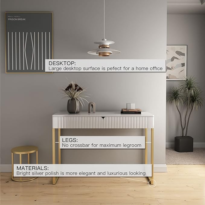 Elegant Modern Desk, 2 Drawers, Gold Legs, 43.3x15.75 inches, Home Office, Makeup Vanity, Computer, Writing, Study, Entryway, Sofa Table