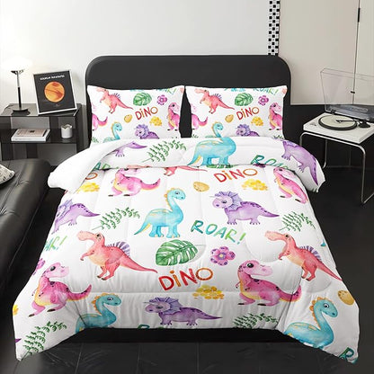 Cartoon Dinosaur Comforter Set Twin 3Pc Kawaii Dinosaur Bedding Set All Season with Tree, Leaf Decoration includes 1 Comforter, 2 Pillowcases for Kids Girls Teens