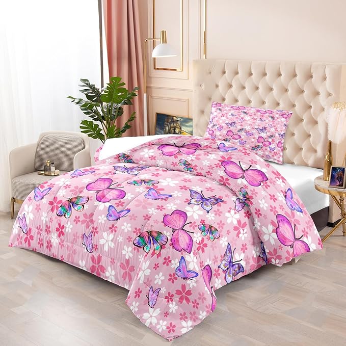 Kids Butterfly Comforter Set - Butterfly Twin Bedding Set Pink Butterflies Prints Bedding Set for Girls Room Cute Princess Bedding Sets for All Season Butterfly Bed Set, 1 Comforter + 1 Pillowcase