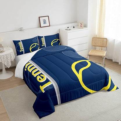 Feelyou Kids Tennis Comforter Set King Size Tennis Sports Bedding Set for Boys Girls Teens Bedroom Decor Tennis Gaming Comforter Blue Yellow Tennis Lovers Duvet Set with 2 Pillow Case