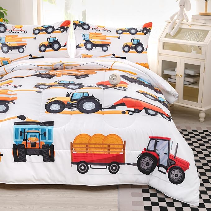 CVHOUSE Tractor Bedding Sets for Boys,Excavators Comforter Queen,Boys Cartoon Truck Comforter Set,Trucks Tractors Cars Quilt Set with 1 Comforter and 2 Pillow Cases- 3 Piece