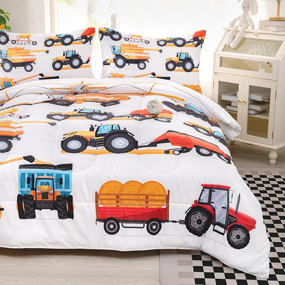 CVHOUSE Tractor Bedding Sets for Boys,Excavators Comforter Queen,Boys Cartoon Truck Comforter Set,Trucks Tractors Cars Quilt Set with 1 Comforter and 2 Pillow Cases- 3 Piece