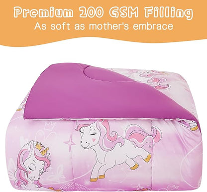 Unicorn Kids Comforter Set for Girls Twin, Cute Reversible Quilted Lavender Printed Bedding Set with Pillow Sham, Lightweight Soft Breathable Machine Washable Bed Set 2 Piece