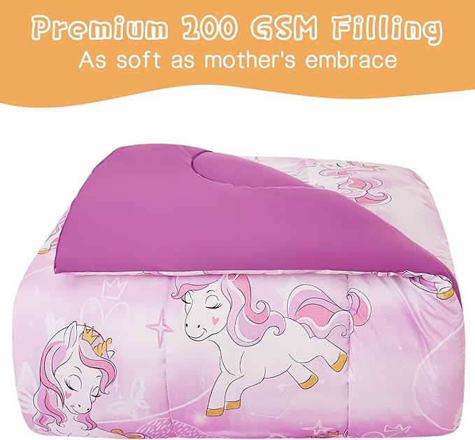 Unicorn Kids Comforter Set for Girls Full Size, Cute Reversible Quilted Lavender Printed Bedding Set with Pillow Sham, Lightweight Soft Breathable Machine Washable Bed Set 3 Piece