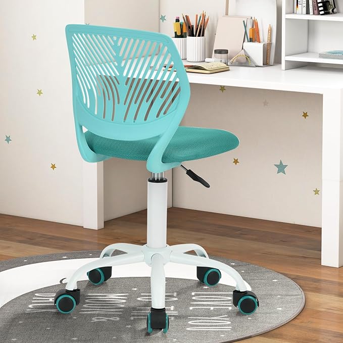 FurnitureR Desk Chair Small Study Chairs Armless for Child Kids Teens, Swivel Rolling Lightweight Task Chair with Wheels and Mesh Padded Cushion, Turquoise