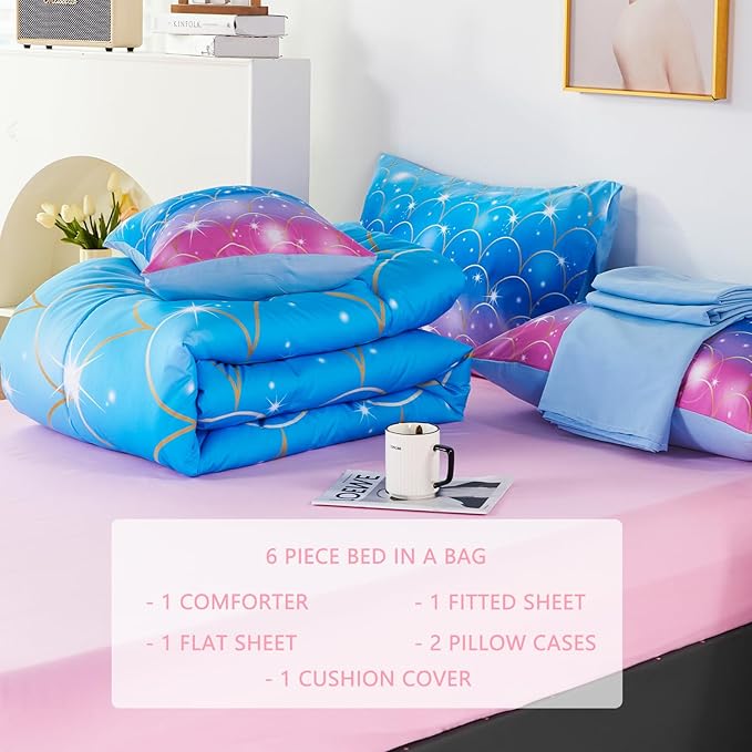 URBONUR 6Pcs Mermaid Comforter Set for Girls Full Size Bed in a Bag Pink Purple Blue Sparkle Glitter Bedding Set Soft All Season Comforter with Sheet Set