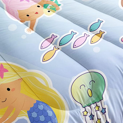 Datura home Mermaid Comforter Set, Kawaii Girls Blue Bedding with 2 Pillowcases, Queen 90x90inches