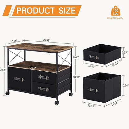 VECELO 3 Drawer Lateral File Cabinet Rolling Printer Stand with Open Storage Shelf, Fits A4 Or Letter Size, with Lockable Casters, Leather Handle, Ideal for Small Spaces, Brown+Black