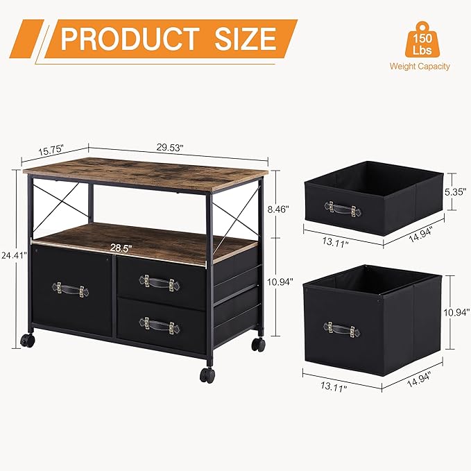 VECELO Mobile File Cabinet, Rolling Printer Stand with Open Shelf Fabric Lateral Storage Station for Home Office, Adapts Letter Size Hanging Folders, Brown, 3 Drawer