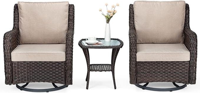 IDEALHOUSE 3 Pieces Outdoor Wicker Swivel Rocker Patio Set, 360-Degree Swivel Rocking Chair Elegant Wicker Patio Bistro Set with Tempered Glass Top Side Table (Apricot)