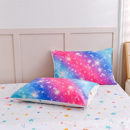 A Nice Night 6Pcs Gradient Glitter Bedding Set for Girls, Colorful Rainbow Galaxy Comforter Set, Ultra Soft Bedding Sets (Pink-Blue,Full 6Pcs)