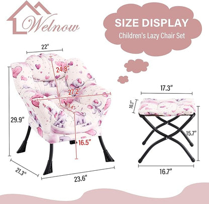 Welnow Toddler Kids Lazy Chair with Ottoman, Glow in The Dark Accent Comfy Lounge Children Armchair Couch with Removable Cover, Detachable Reading Chair with Footrest for Boy or Girl, Pink Elephant