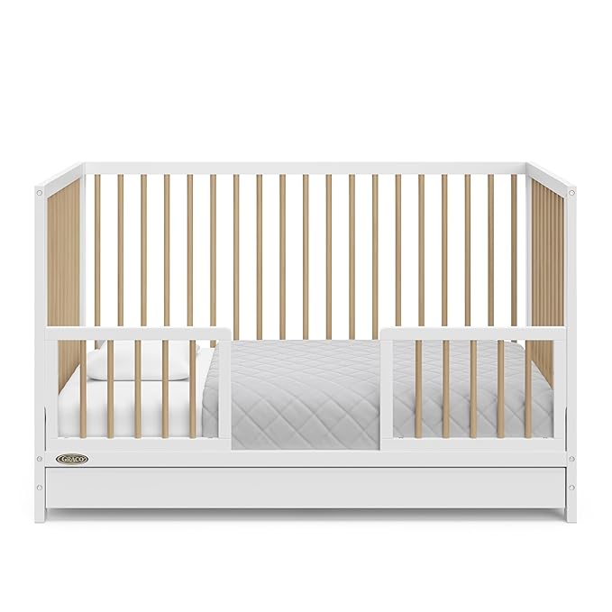 Graco Teddi 5-in-1 Convertible Crib with Drawer (White with Driftwood) – GREENGUARD Gold Certified, Crib with Drawer Combo, Full-Size Nursery Storage Drawer, Converts to Toddler Bed