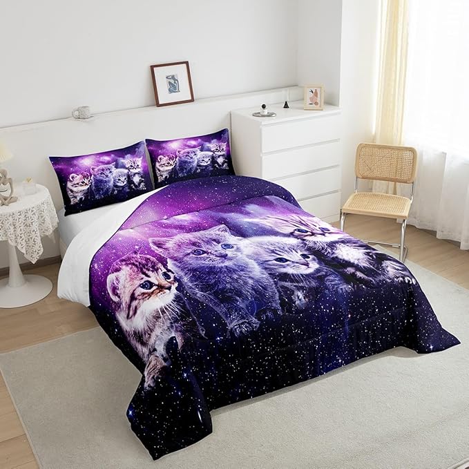 Feelyou Cat Comforter Cute Pet Cats Pattern Bedding Set Outer Space Kawaii Kitten Comforter Set for Children Kids Boys Girls 3D Animal Theme Galaxy Duvet Set Room Decor Quilt Set Twin Size