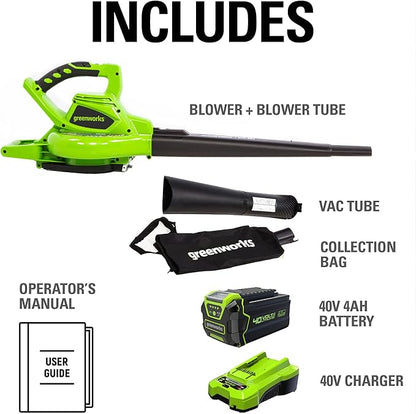 Greenworks 40V (185 MPH / 340 CFM / 75+ Compatible Tools) Cordless Brushless Leaf Blower / Vacuum, 4.0Ah Battery and Charger Included