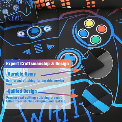 JQinHome Full Gaming Comforter Sets for Boys,6 Piece Bed in A Bag 3D Video Game Bedding -All Season Soft Microfiber Gamer Bedding Sets for Kids,Pillowcase, Flat Sheet, Fitted Sheet,Cushion Cover