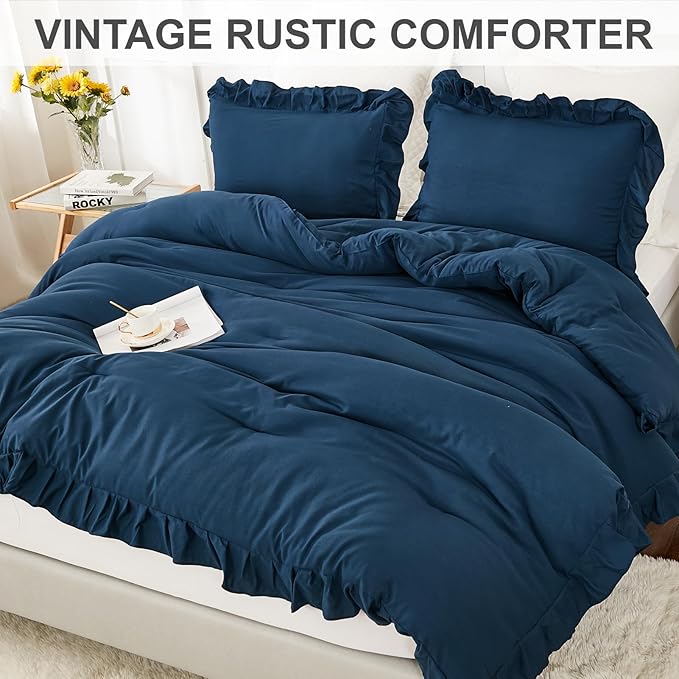 Andency California King Comforter Set Navy Blue, 3 Pieces Cal King Solid Ruffle Shabby Chic Bedding Comforter, Oversized Lightweight Soft Microfiber Bed Comforter