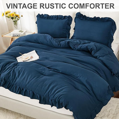 Andency Navy Blue Full Size Comforter Set(79x90Inch), 3 Pieces(1 Ruffle Comforter and 2 Pillowcases) Lightweight Fluffy Bedding Comforter Sets Full Bed, All Season Soft Microfiber Bedding Set