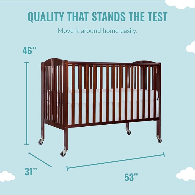 Folding Full Size Convenience Crib In Espresso, Two Adjustable Mattress Height Positions, Comes With Heavy Duty Locking Wheels, Flat Folding Crib