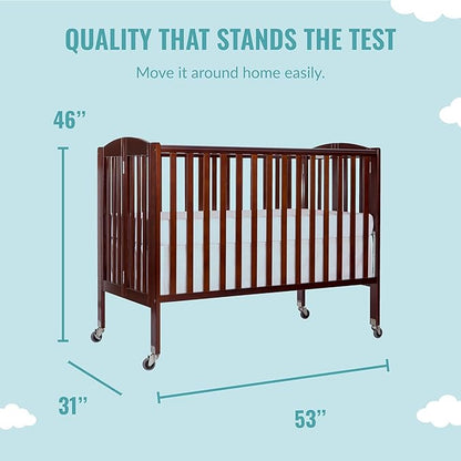 Folding Full Size Convenience Crib In Espresso, Two Adjustable Mattress Height Positions, Comes With Heavy Duty Locking Wheels, Flat Folding Crib