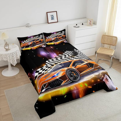 Sports Car Comforter Set Full Size, Orange Racing Car Bedding Set 3pcs for Kids Boys Teens Bedroom Cool Speed Luxury Car Decor, Black White Plaid Grid Print Quilt Set with 2 Pillowcases