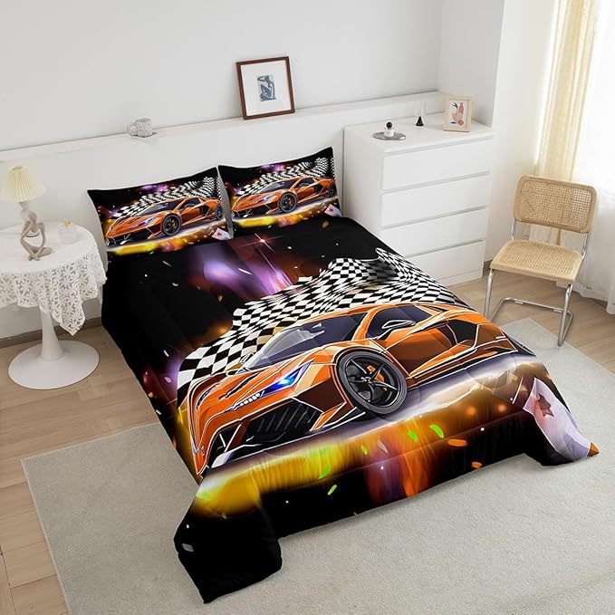 Feelyou Sports Car Comforter Set Twin Size, Orange Racing Car Bedding Set 2pcs for Kids Boys Teens Bedroom Cool Speed Luxury Car Decor, Black White Plaid Grid Print Quilt Set with 1 Pillowcase