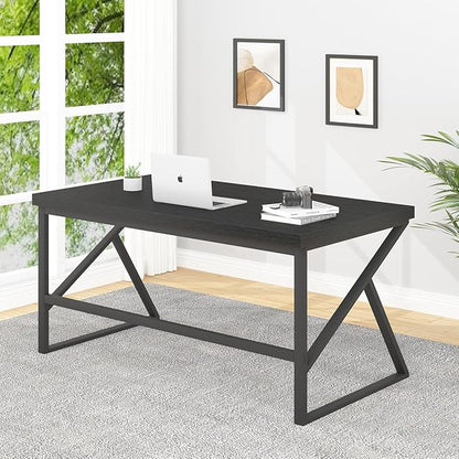 HSH Black Computer Desk, Long Home Office Laptop PC Desk, Large Industrial Metal Wood Executive Writing Gaming Workstation Desk, Modern Simple Student Study Work Table for Bedroom Living Room, 60 Inch