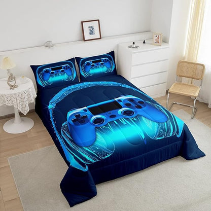 Gamer Comforter Set Queen Size,Blue Headphones Musical Design Games Gamepad Bedding Set for Kids Boys Video Game Room Decor Retro Playing Gamer Down Comforter Gaming Controller Quilted Duvet Set