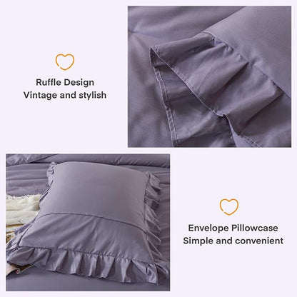 Andency Grayish Purple Comforter Set Full Size, 3 Pieces Lightweight Soft Rustic Ruffle Comforter Women Man, Solid Farmhouse Shabby Chic Microfiber Bedding Comforter Sets for All Season