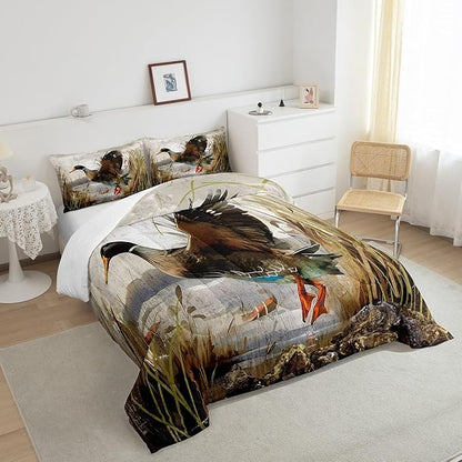 Mallard Duck Bedding Set Boys Girls Wild Duck Hunting Comforter Set for Kids Women Men Soft Lodge Cabin Farmhouse Comforter Quilt Room Decor Queen Size Duvet Set Boys