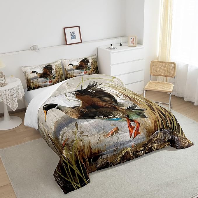 Mallard Duck Bedding Set Boys Girls Wild Duck Hunting Comforter Set for Kids Women Men Soft Lodge Cabin Farmhouse Comforter Quilt Room Decor Full Size Duvet Set Boys