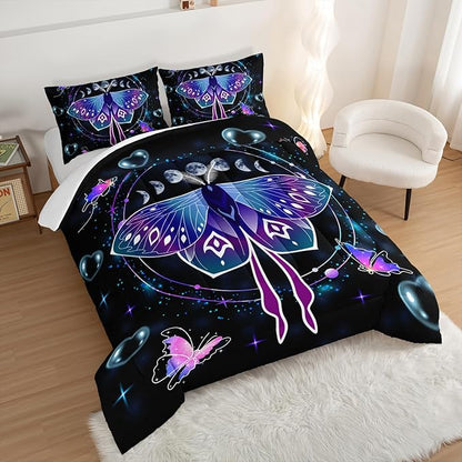 HOSIMA Butterfly Comforter Set with 2 Pillowcases,Moon Starry Sky Galaxy Comforter Butterfly Room Decor Aesthetics,Blue Heart -Shaped Bubble Full Size Bed in a Bag Set Black Comforter.